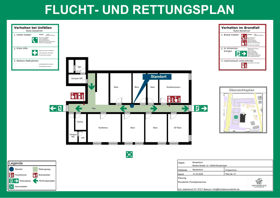 Flucht- und Rettungsplan eines Musterbüros, Erdgeschoss, mit Rettungswegen, Notausgängen und Legende