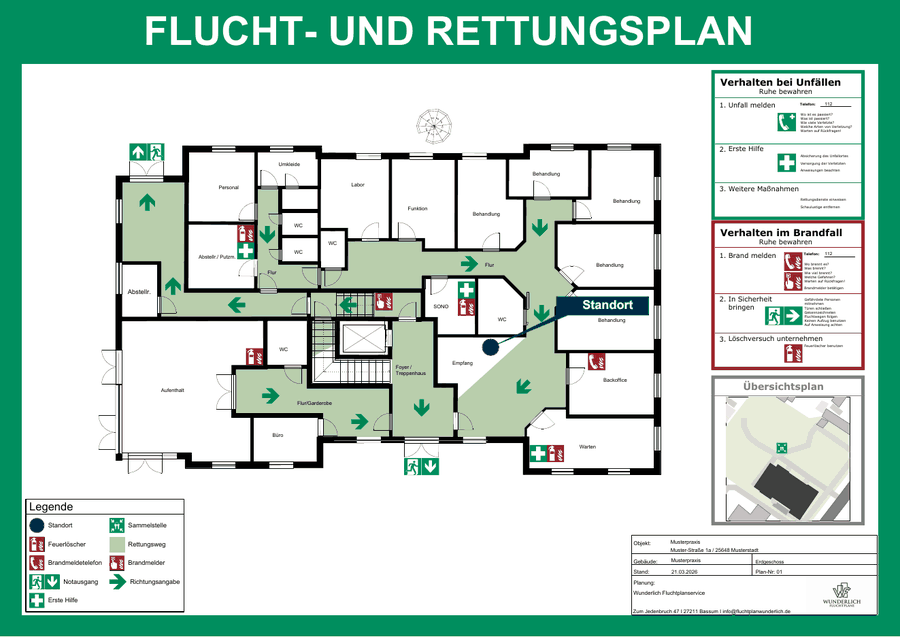 Flucht- und Rettungsplan einer Musterpraxis, Erdgeschoss, mit Rettungswegen, Notausgängen und Legende
